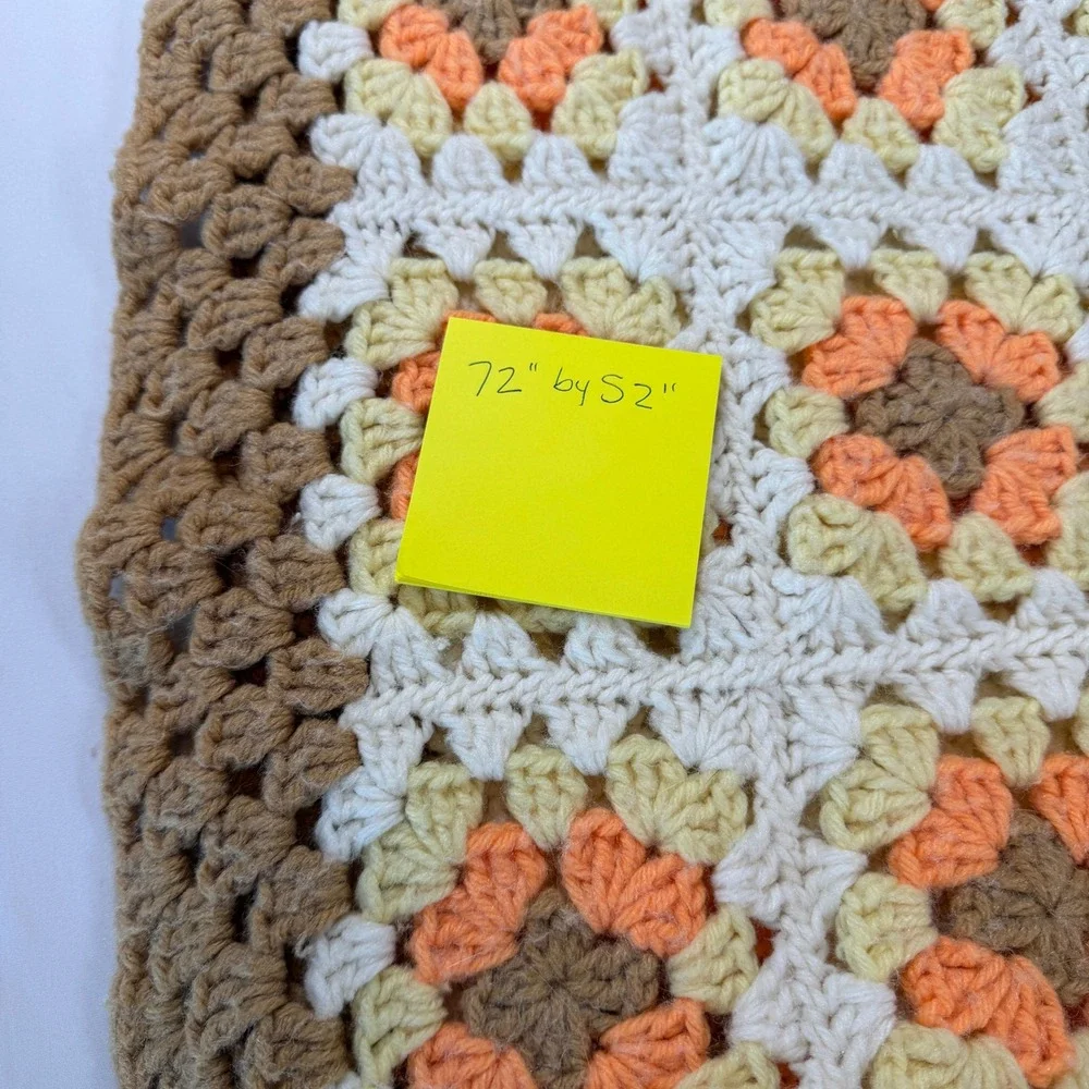 Vintage Handmade Crochet Granny Square Blanket Afghan Orange Brown Retro 72x52